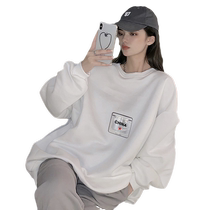 cec white round neck sweatshirt womens velvet autumn and winter loose Korean style ins jacket womens Hong Kong style student mid-length top