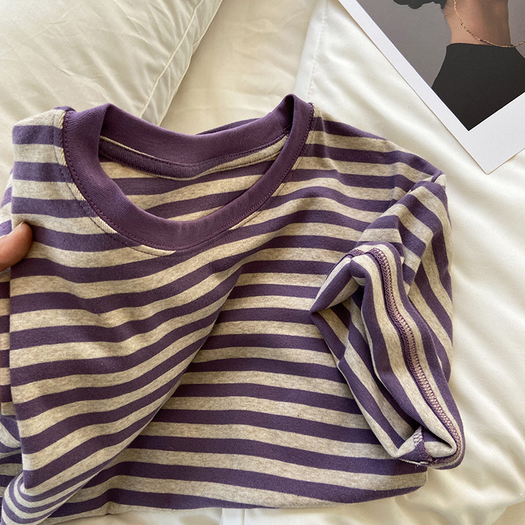 ins super hot white taro purple striped round neck short-sleeved T-shirt female summer Korean version loose all-match casual student top