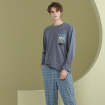 Fenteng pajamas mens spring 2022 new knitted cotton pullover long sleeves plaid casual loungewear set set