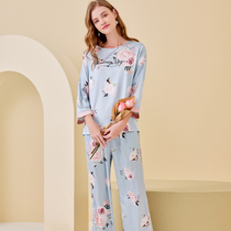 Fenteng Spring Summer Ladies Crewneck Print Cute Pajamas Set Thin Loose Trousers Loungewear Two-Piece Set