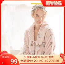 Fenton 2021 autumn new pajamas ladies lapel coral fleece autumn and winter warm robe padded flannel bathrobe