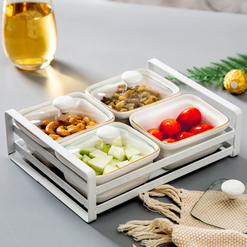 In Nordic Creative Ceramic Four-House Fruit Disk Household Living Room with Box Glass Cover Dry Fruit Disk