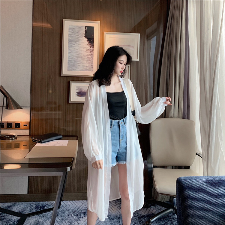 Quần áo chống nắng siêu cổ tích mới dành cho nữ quần lửng dài đến đầu gối cardigan siêu mỏng áo choàng mùa hè khăn choàng voan là áo khoác mỏng - Áo sơ mi chiffon ren
