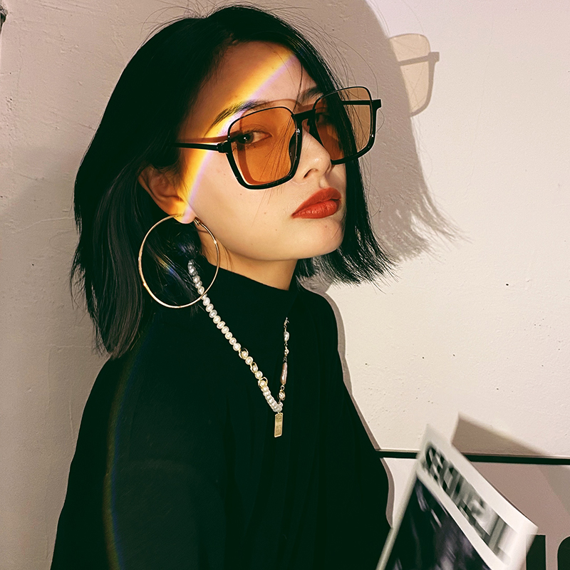 Retro tea color sunglasses female large face Slim Vegge red with large frame square anti-UV nearsightedness sunglasses female