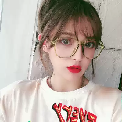 ins transparent anti-blue big frame round face female black flat mirror Harajuku retro plain plain glasses frame male myopia mirror