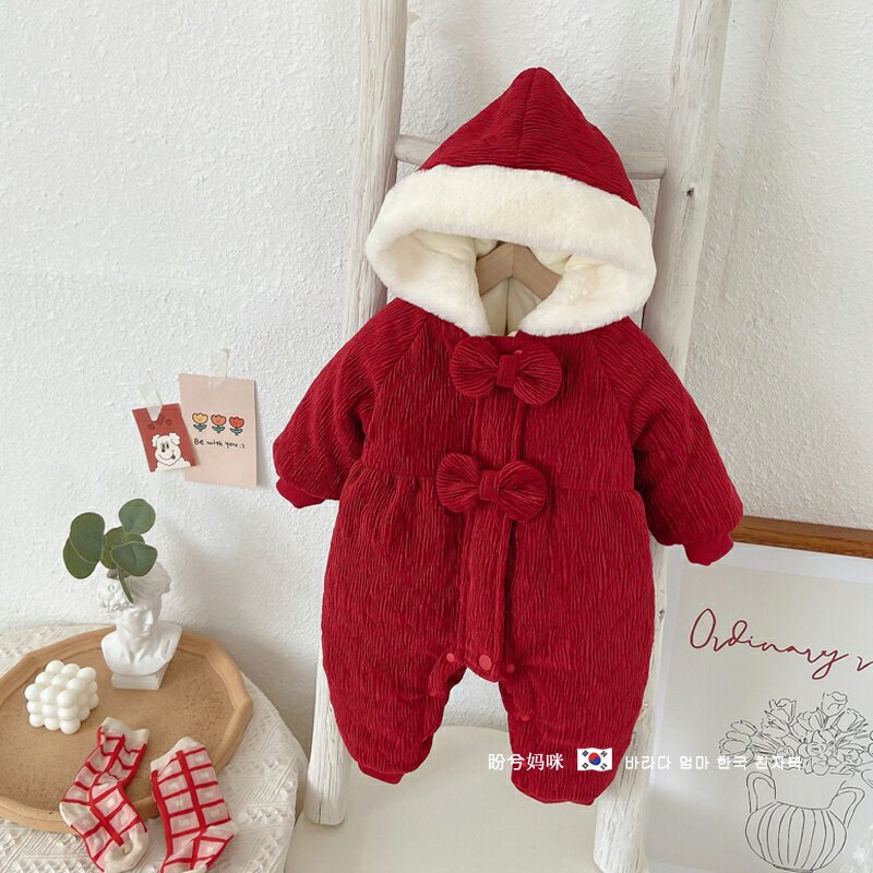 South Korean female baby's winter dress baby one-piece clothes thickened clip cotton clothes One year old Winter out for New Year's New Year