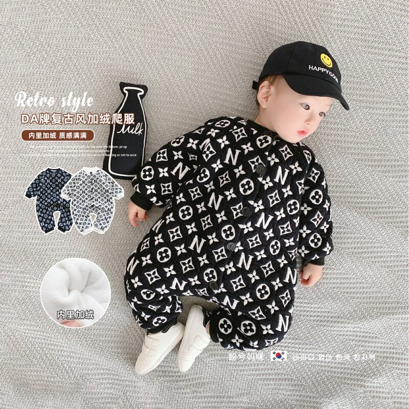 South Korean baby sweaters winter thickened clip cotton outgoing baby full of printed letters plus velvet warm climbing and climbing