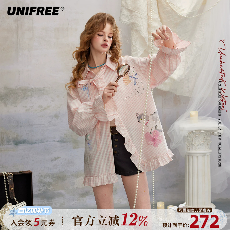 Unifree Cute Animal Print Long-Sleeved Shirt 26 Spring New Style Pink Loose Woven Bow Top