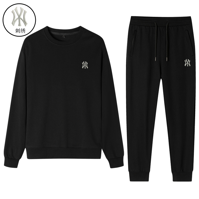 Ny-White Pure Cotton Sweatshirt Set for Men, Round Neck Pullover, Long Sleeves, Tummy-Covering, Large Size, Loose Fit, Sports, Fleece-Lined