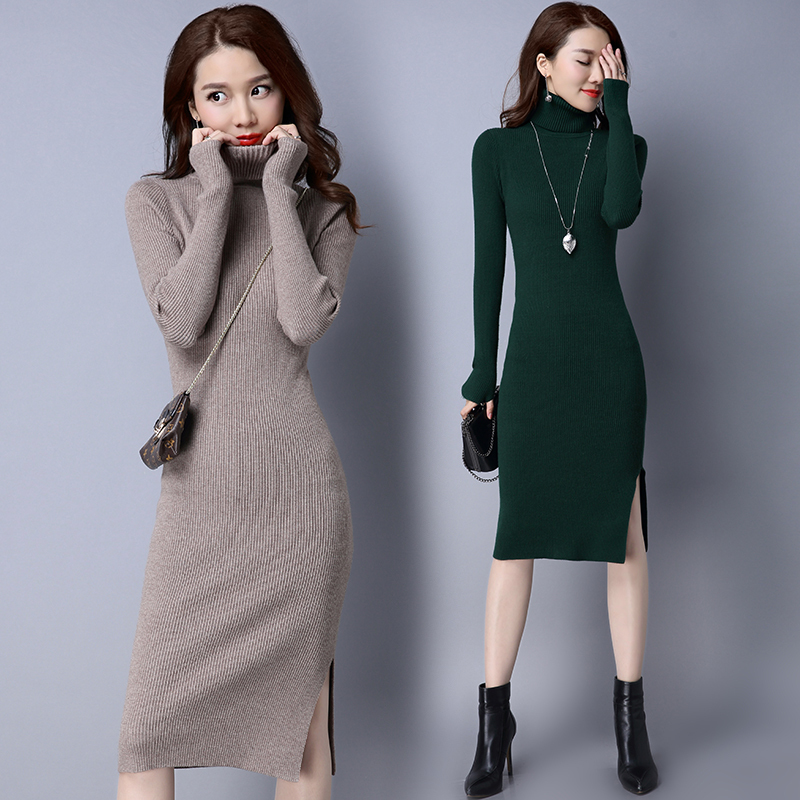 Autumn and Winter Turtleneck Sweater for Women, Mid-Length, Slim Fit, Over-The-Knee Knitted Dress, Winter Thickened Sweater Dress, Hip-Hugging Skirt