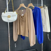 Рубашка с бантиком, цветной лонгслив, V-образный вырез, коллекция 2023, по фигуре