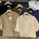 Зимняя футболка, трикотажный зеленый цветной комплект, 2021 года, короткий рукав, свободный прямой крой, в корейском стиле, воротник поло