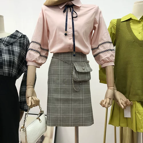 Осенняя юбка, А-силуэт, высокая талия, в корейском стиле