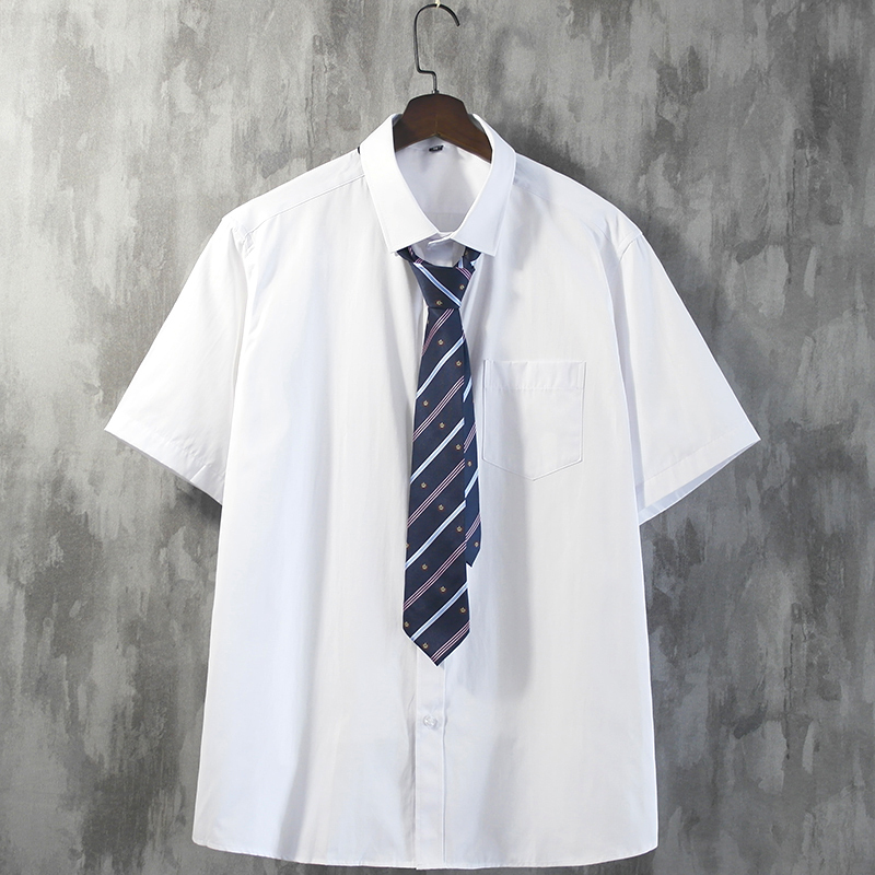 Men's Short-Sleeved Shirt, Summer Thin Casual White Shirt with Tie, College Style, Large Size Half-Sleeve Student Dk Trendy Top