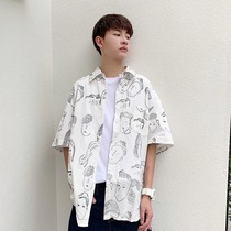 Summer Hong Kong style shirt short-sleeved Korean version of the trend mid-sleeve shirt male handsome student loose five-point sleeve youth half sleeve