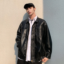 Looking for old spring and autumn motorcycle clothes leather mens trend loose Korean version of the trend handsome spring mens youth leather jacket jacket
