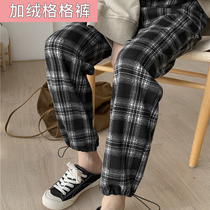 2020 black and white lattice pants childrens loose straight tube high waist slim autumn and winter casual plus velvet grid pants
