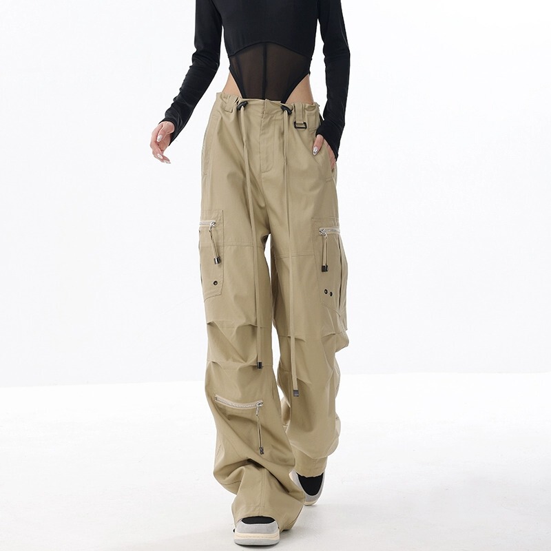 American Retro Khaki High-Waisted Slimming Straight-Leg Cargo Pants for Women, Spring and Autumn, European and American High Street Vibe Casual Pants