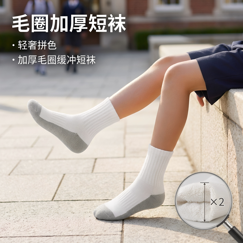 Autumn and Winter Thick Terry White Socks, Color-Blocked, for Students, Boys and Girls, All-Cotton, Warm, Thick, School Uniform, Back-To-School White Socks