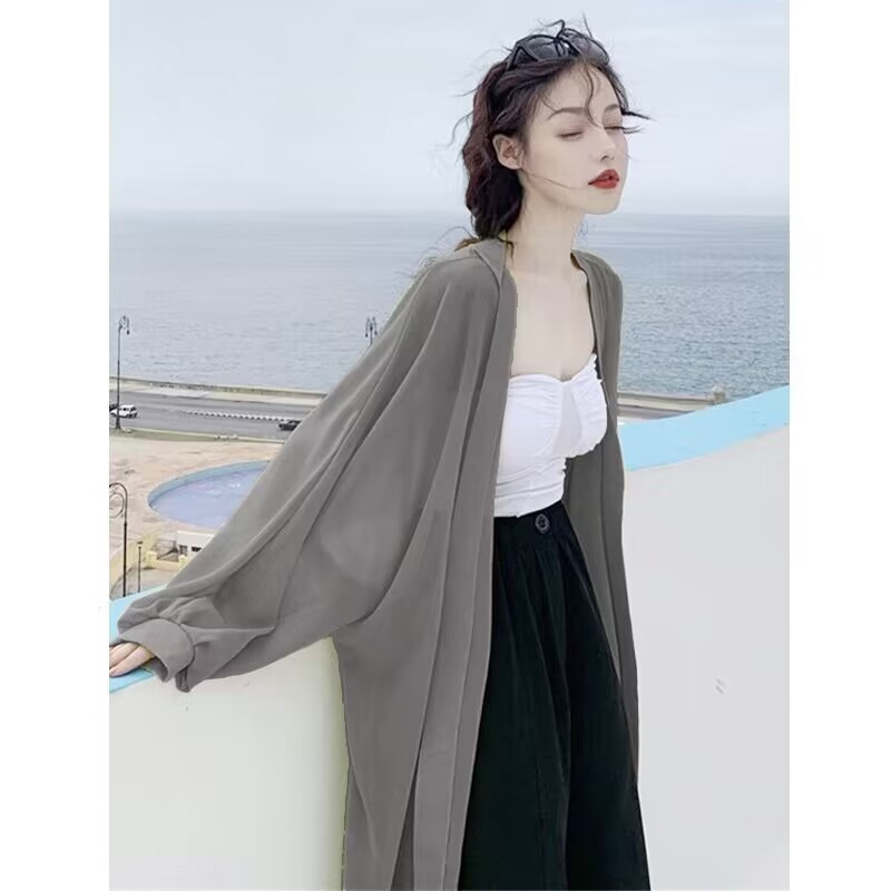 Ice Silk Long Sun Protection Cardigan for Women, Summer Thin Shirt, Gauze Blouse, Shawl, Casual Jacket, Top