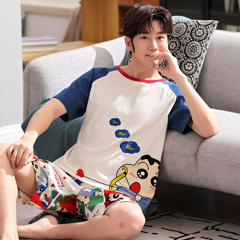 Mùa hè con trai pajama cotton ngắn tay thiết lập mở dễ thương trẻ cậu bé bông quanh cổ áo nhà quần áo.