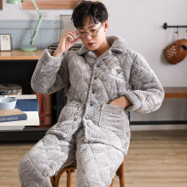 Mens pajamas autumn and winter thickened velvet coral velvet winter warm flannel three-layer cotton home suit set
