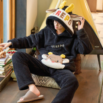 Mens pajamas winter thickened velvet coral velvet autumn and winter flannel students warm winter home clothing set