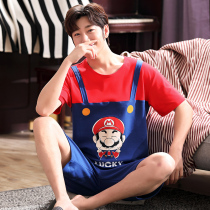 Mens pajamas male summer Mario cotton short sleeve set cartoon cute teenage students male summer home clothes