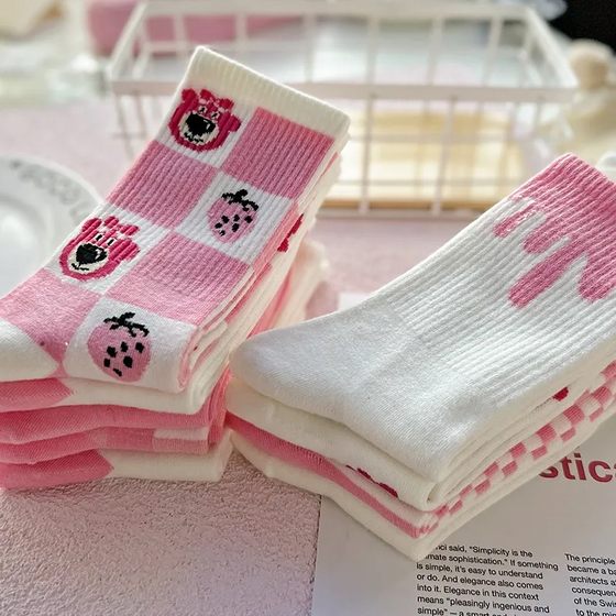 Pink Strawberry Bear Socks Women's Four Seasons Medium Tube Ins Trendy College Style Cute Japanese Cartoon Spring and Summer Stockings