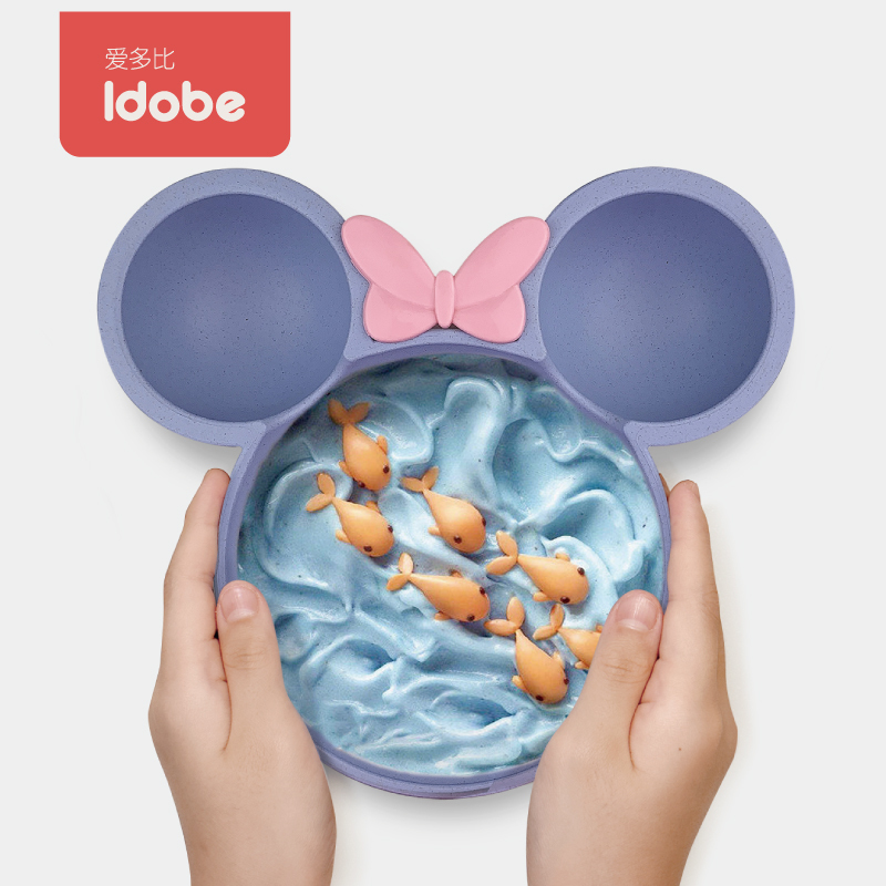 Idobe Wheat Straw Baby Tableware Cute Cartoon Mickey Plate Baby Bowl Set Thickened and Anti-Fall