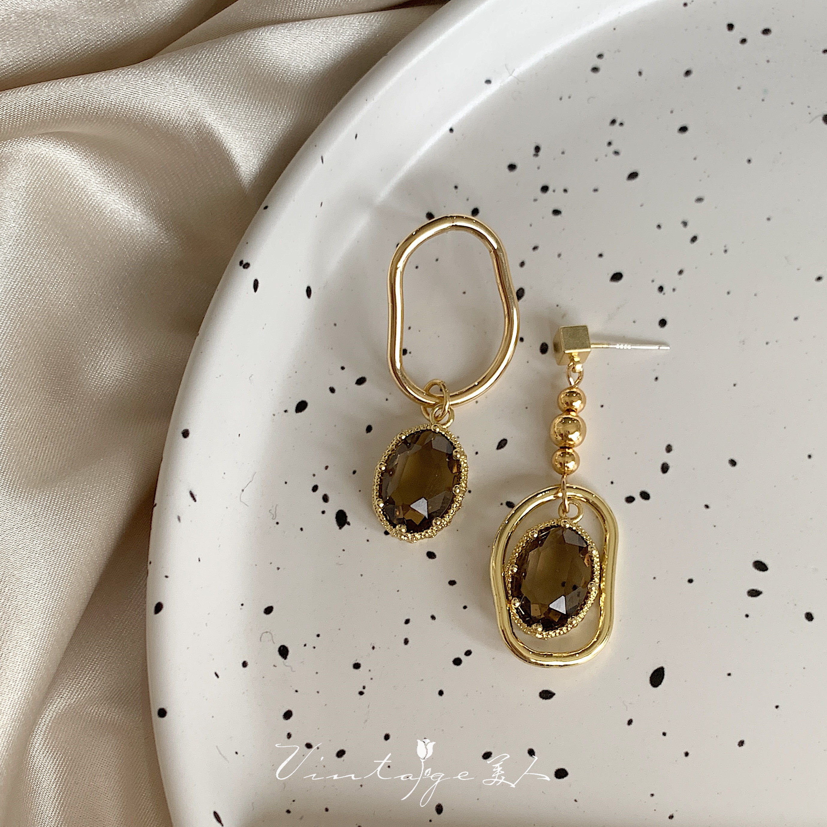 「曼哈顿老店」法式vintage小众设计复古不对称茶色水晶耳环/耳夹详情15