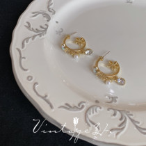 Yokohama Love Japanese girl heart Super fairy Joker temperament hipster star rhinestone flower C- shaped earrings