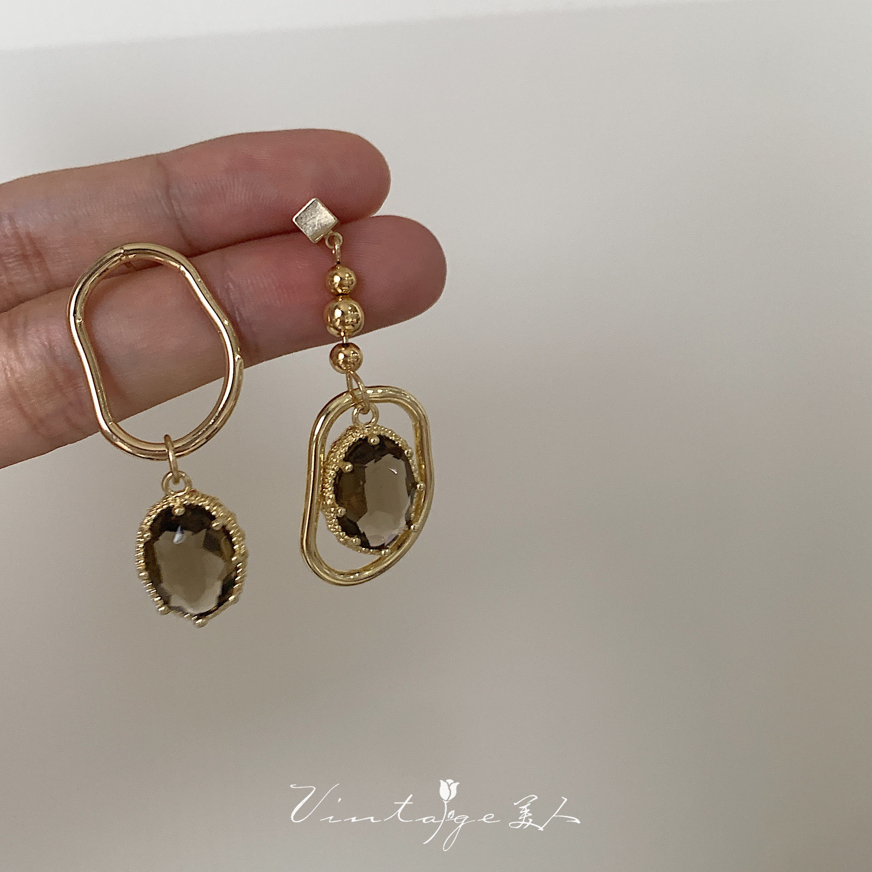 「曼哈顿老店」法式vintage小众设计复古不对称茶色水晶耳环/耳夹详情16