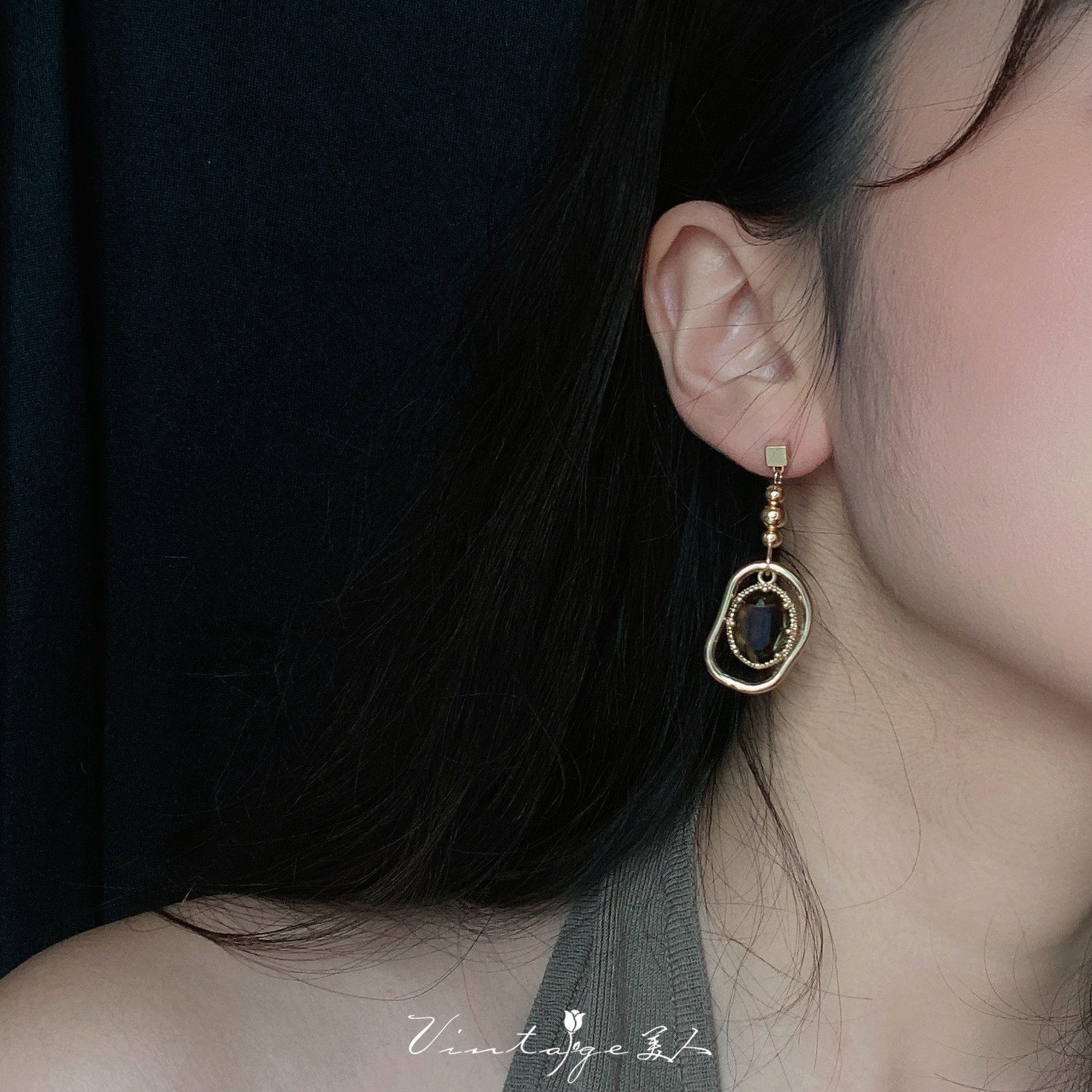 「曼哈顿老店」法式vintage小众设计复古不对称茶色水晶耳环/耳夹详情2