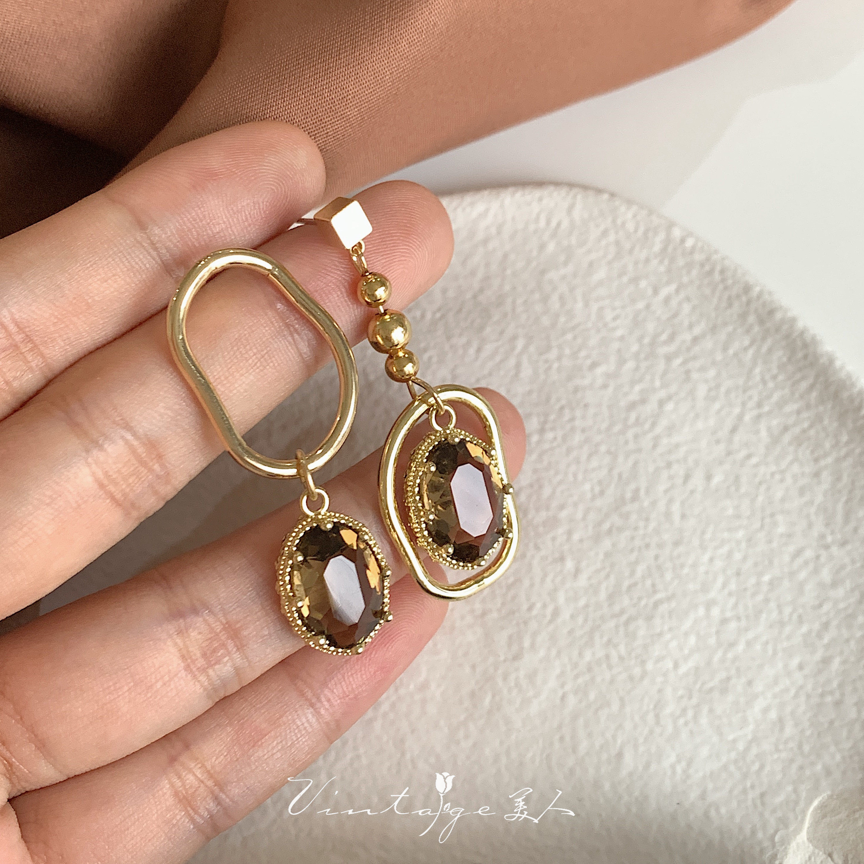 「曼哈顿老店」法式vintage小众设计复古不对称茶色水晶耳环/耳夹详情8