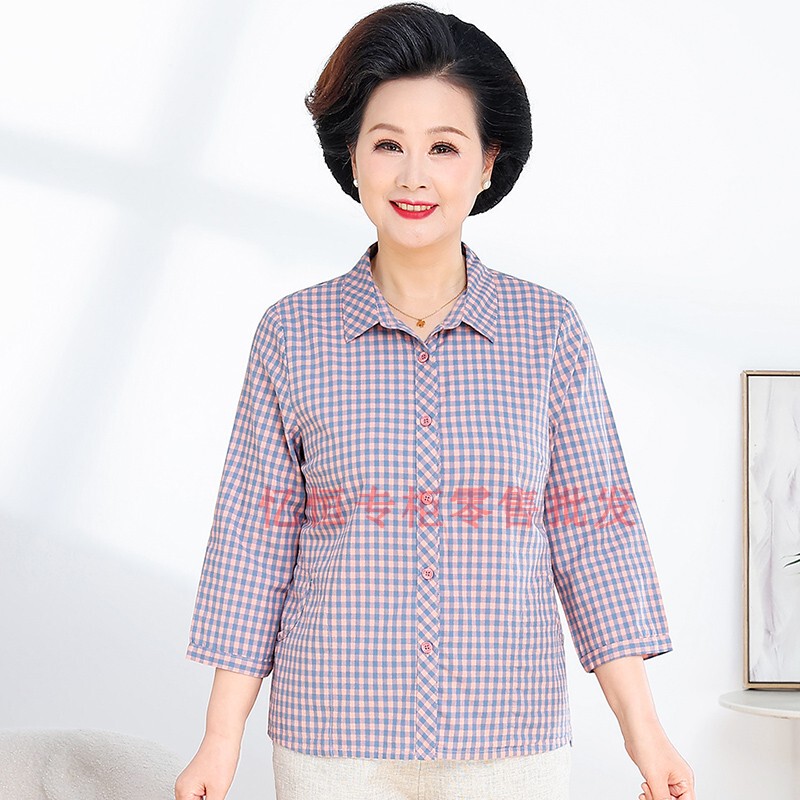 Yiheng Mom Mid-Sleeve Summer New Pure Cotton Plaid Shirt Middle-Aged and Elderly Mother-In-Law Shirt Casual Large Size Clothes