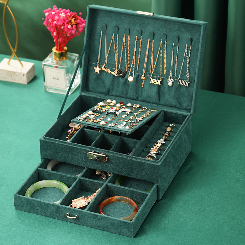Velvet Jewelry Box with Lock, Hand Jewelry Storage Box, Wedding Chinese Style Female Princess European Style High-End Jewelry Box