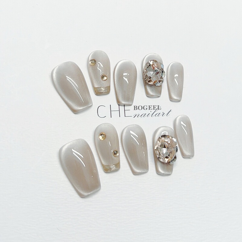 Bogeel Handmade Wearable Nails with Ice-Transparent Cat-Eye Effect, Pure Desire Summer Gray Manicure, High-End French-Style Finished Fake Nail Pieces