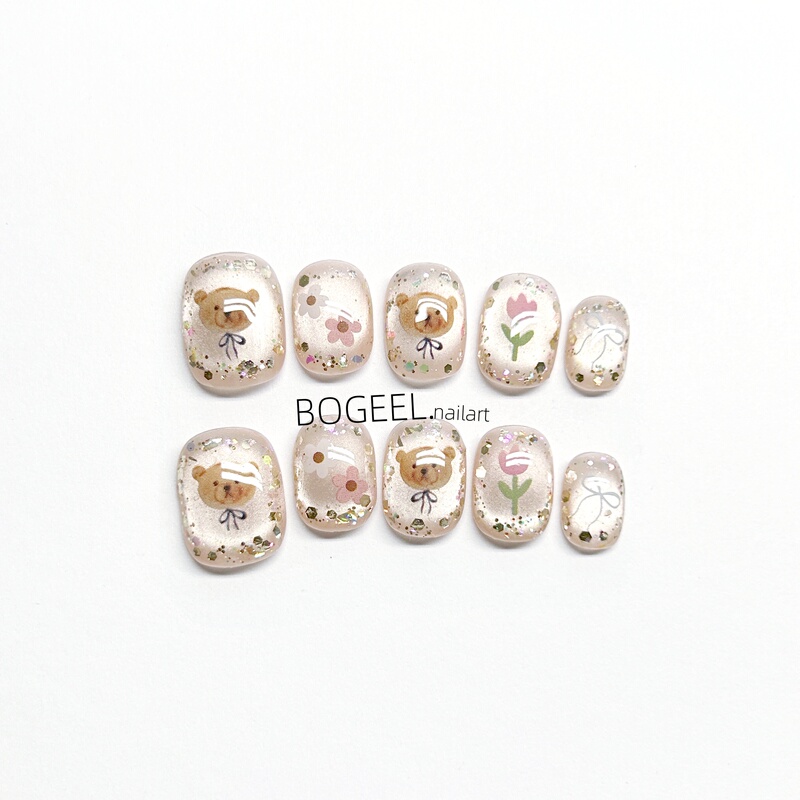 Bogeel Cartoon Nail Art Cute Little Bear Handmade Wearable Nails Summer New Style Short and Delicate Sweet Design Bogeel Cartoon Nail Art Cute Little Bear Handmade Wearable Nails Summer New Style Short and Delicate Sweet Design