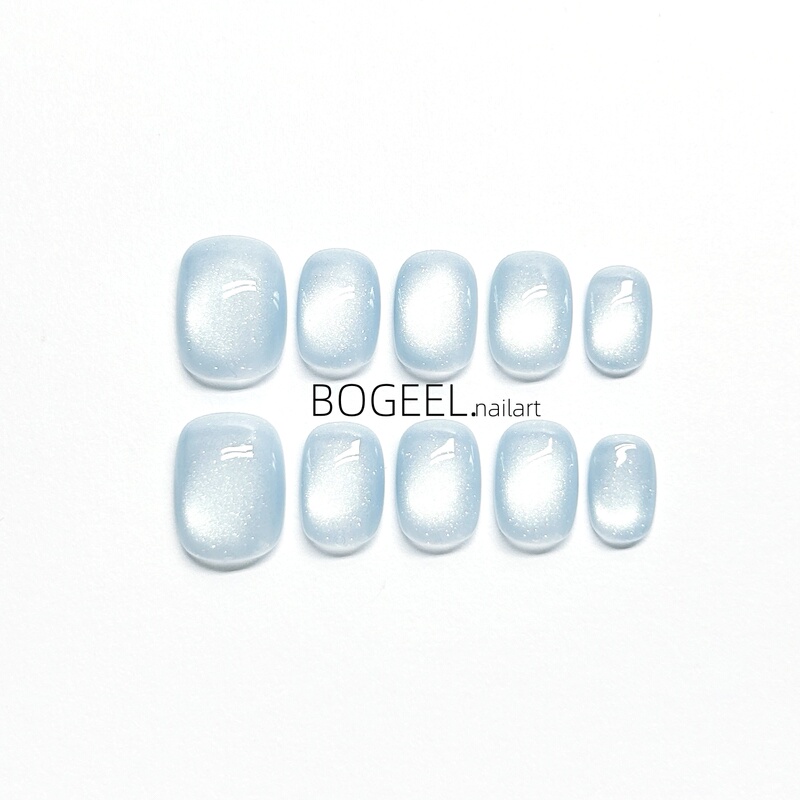 Bogeel Wearable Nails Light Blue Cat Eye Flashing Handmade Nail Stickers Short Style Solid Color Versatile Simple Whitening Effect Summer