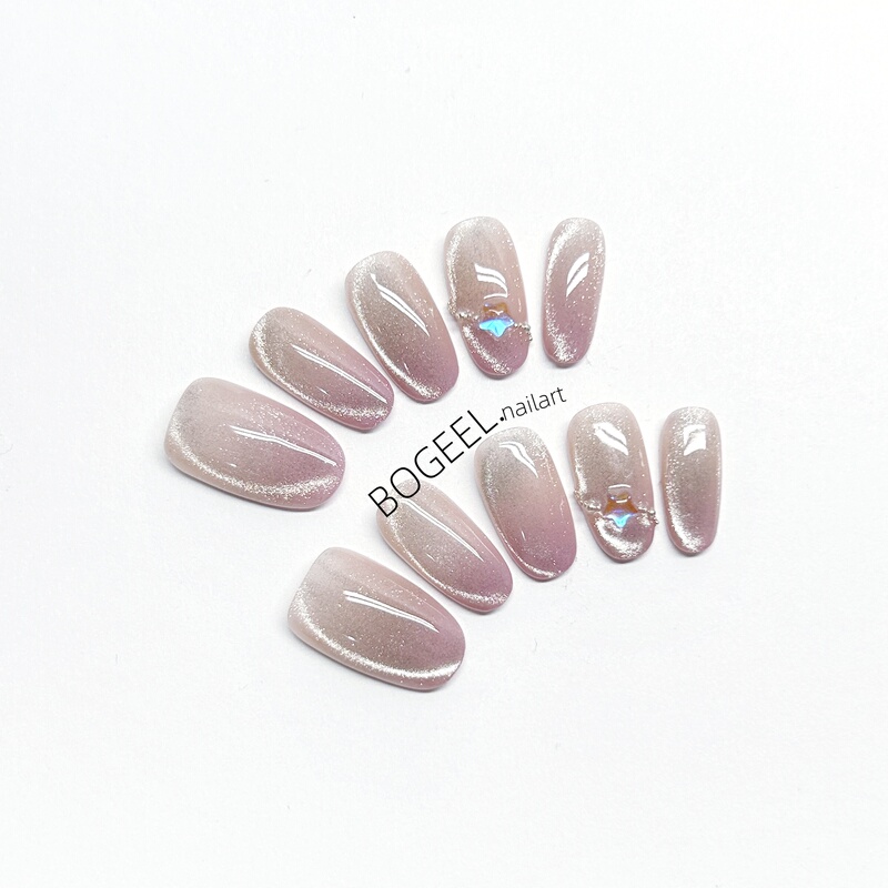 Bogeel's New Purple Cat-Eye Wearable Nails, Oval Nail Pieces, Pearl Luster Nail Patches, Spring and Summer Whitening and High-End Feel
