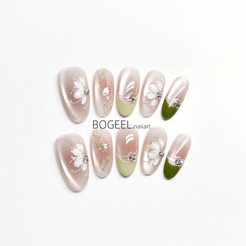 Bogeel Pure Handmade Nail Art with 3D Flowers, Chinese Style, Light Luxury, Cat Eye Oval, Luxurious, High-End, Complexion-Enhancing, Finished Product, Gentle