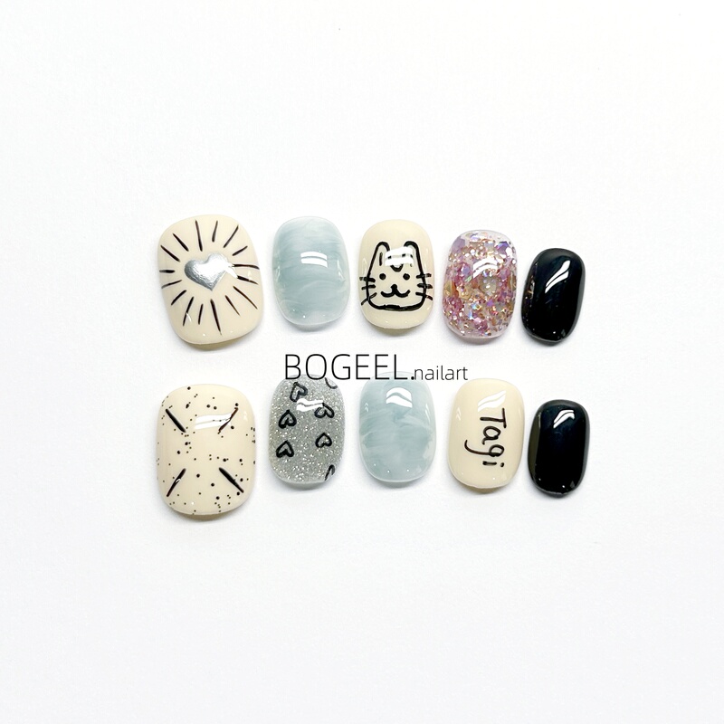 Bogeel Niche Japanese-Style Nail Stickers, Handmade Wearable Nails, Hand-Painted Heart and Cat Designs, Fresh and Cute Short Style