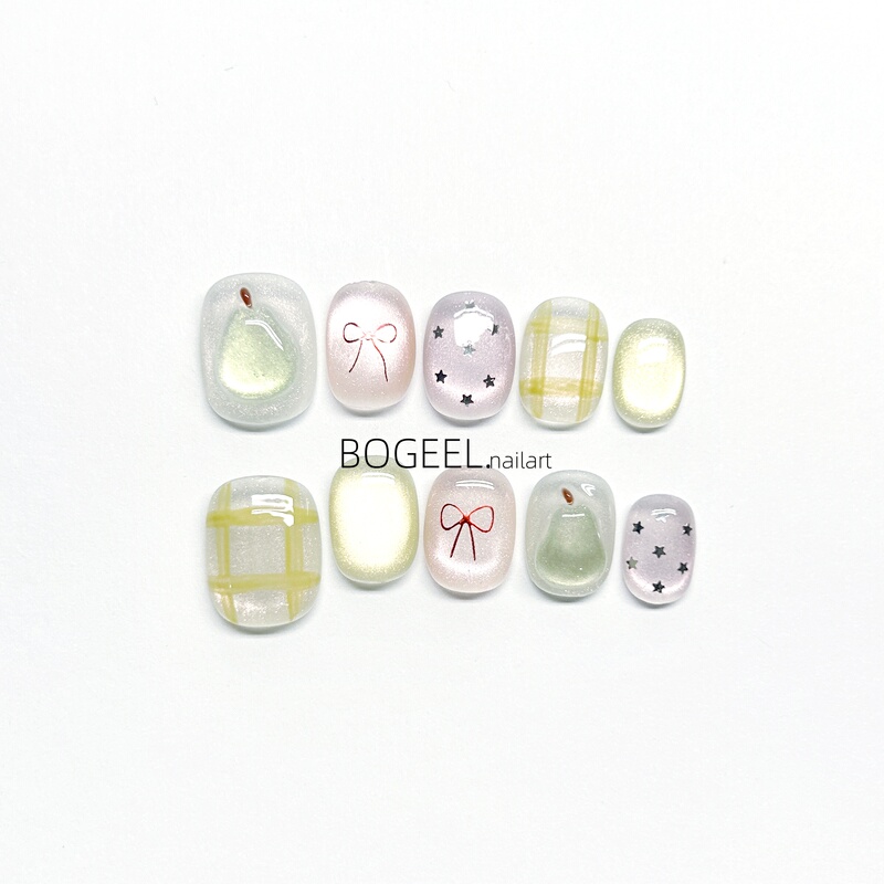 Bogeel Pure Handmade Wearable Nails with Ice-Transparent Cat Eye Effect, Pear-Shaped Plaid Design, Fairy-Like Summer Short Style Dopamine Nail Art