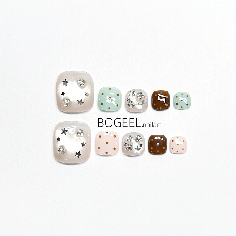Bogeel Foot Wear-On Nails, Pure Handmade Toenail Nail Art Patches, Summer Toenail Polka Dot Colorful Removable Stickers