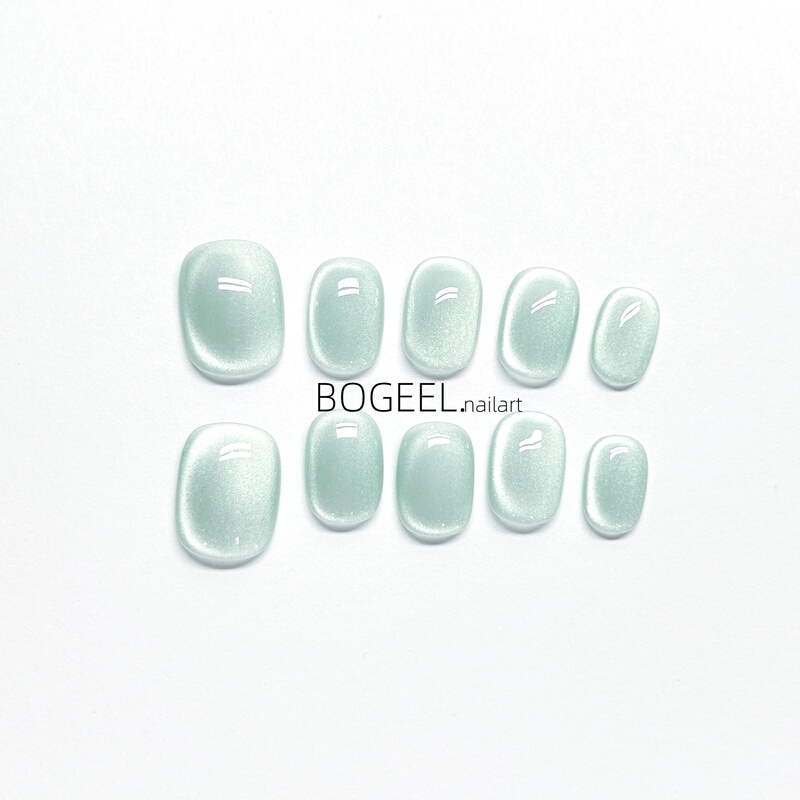 Bogeel Solid Color Nail Art Lake Green Cat Eye Handmade Wearable Nails Ultra-Short Style Personalized Simple Versatile 2026 New Summer Model