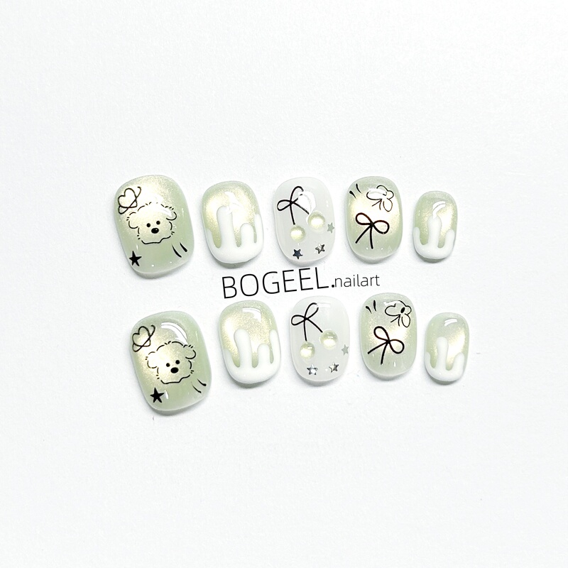 Bogeel Cartoon Nail Art Green Cat Eye Handmade Wearable Nail Stickers 2026 Short Style Cute Bowknot Puppy Star