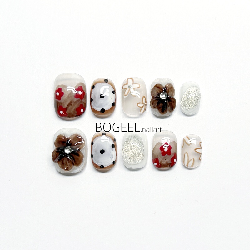 Bogeel Pure Handmade Wearable Nails with Hand-Painted Camellia Nail Art Patches, White Niche Japanese Style Autumn and Winter Fake Nails