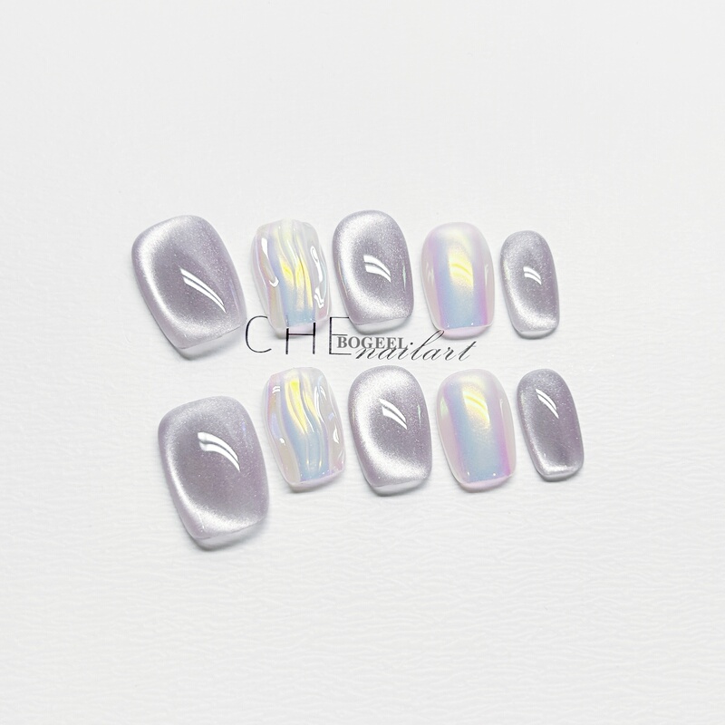 Bogeel Handmade Wearable Nail Art Purple Iridescent Cat Eye Fairy-Like High-End Brightening Short Style Summer Finished Nails