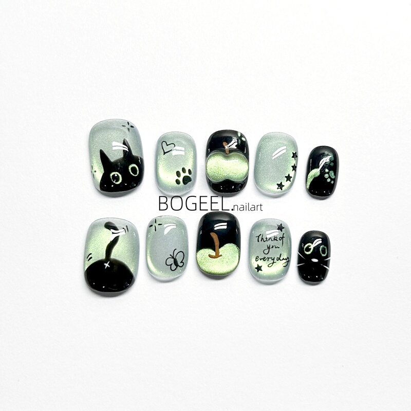 Bogeel Cartoon Black Cat Handmade Wearable Nails Cute Beanie Nail Art Short Fake Nail Stickers Apple Green Cat Eye